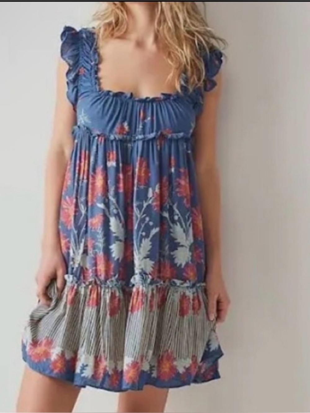 Free People Blue Floral Midi Dress with Coral Accents very pretty and cooling